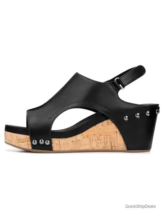 Women's Wedge Sandals with Buckle Ankle Strap, PU Material