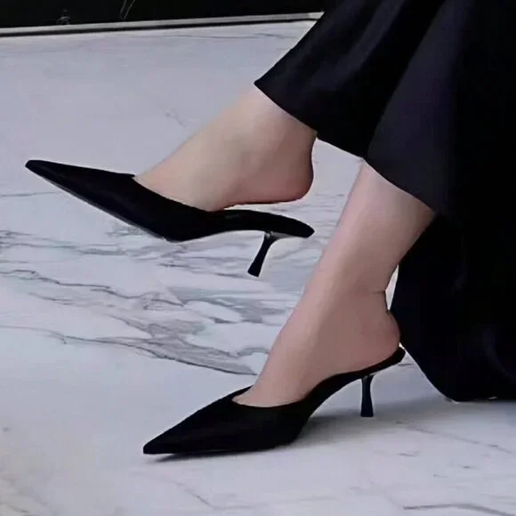 Black Satin Women's Elegant Casual Outdoor Slip-On Mules
