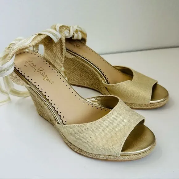 Lily Pulitzer Natural Gold Peep Toe‎ Ankle Tie Up Straw Wedges Size 8