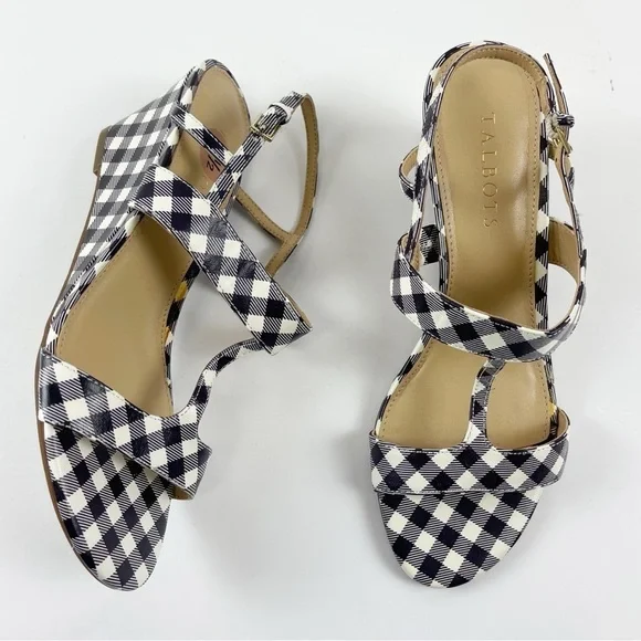 Talbots Wedge Sandals Womens 7.5 Black Cream Gingham Buckle Leather Upper