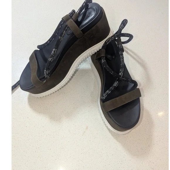 Charles & Keith Olive Brown Rope Lace Up Platform Wedge Sandals‎ Size 38