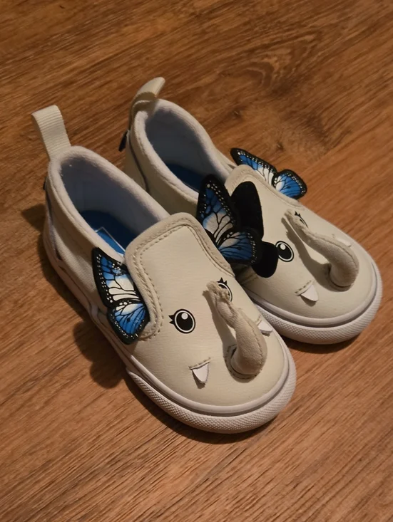 Kids Cream Elephant Slip-On Vans with Blue Butterfly Accents