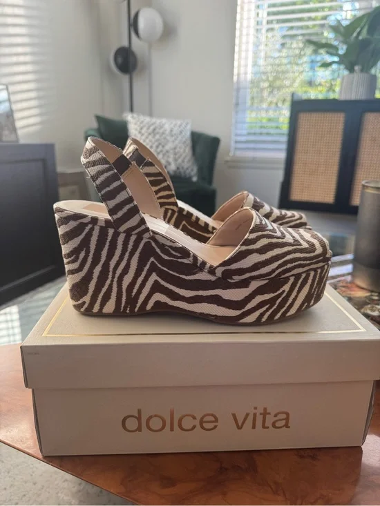 Dolce Vita Akera Brown and White Zebra Print Platform Wedge Slingbacks