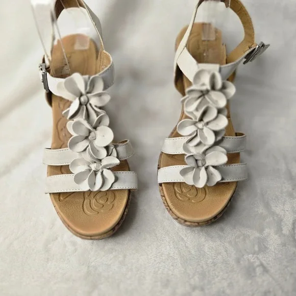 White Floral Wedge Sandals Cork Platform Strappy Summer Shoes Women Size 8