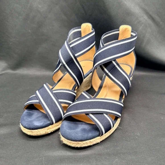 Talbots Navy White Striped Elastic Espadrille Wedge Sandals Womens 7