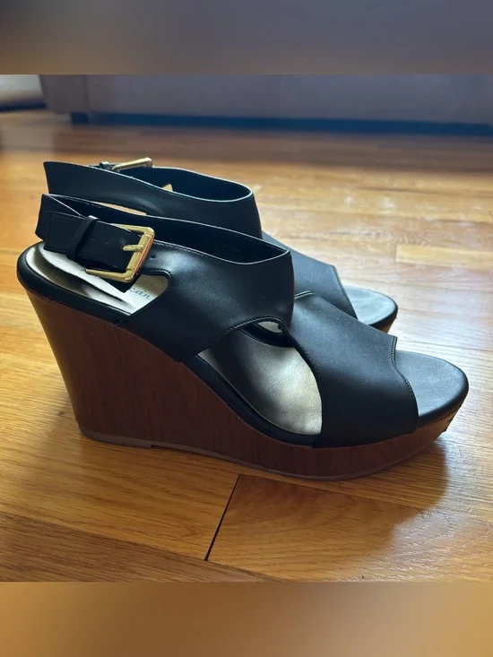 Black American Eagle Wedge Heels with Buckle Strap