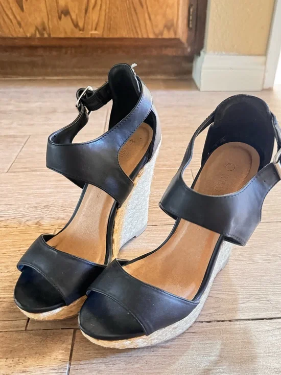 Black Espadrille Wedge Sandals with Ankle Strap - Women