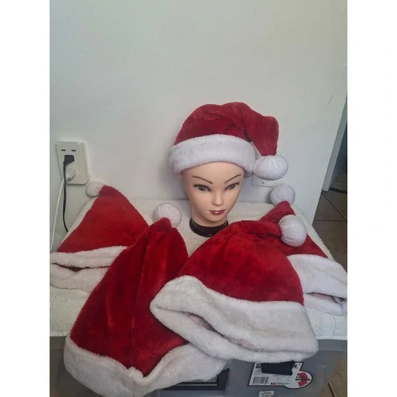 Lot of 5 Red Plush Santa Hats White Faux Fur Trim Christmas Holiday Party Decor