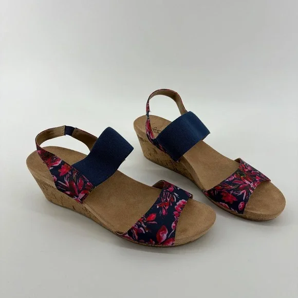 LifeStride Women's Wedge Sandals Floral‎ Print Navy Blue Pink Cork Wedge Size 9