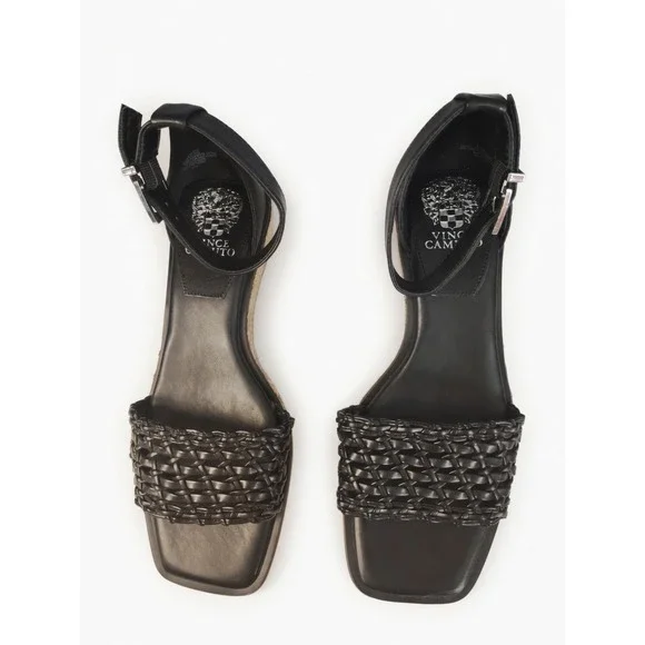 Vince Camuto Black Woven Leather Espadrille Wedge Sandals Square Toe  Strap 8.5w