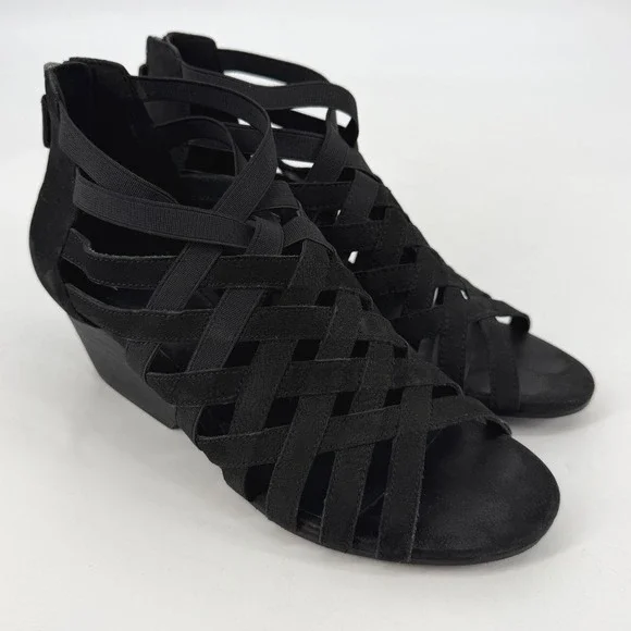 Eileen Fisher Black Leather Strappy Cage Wedge Sandals Womens 8 Zip Back