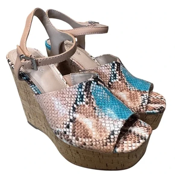 Charles David Wedge Sandals Women 7 Snakeskin Platform Cork Turquoise Tan