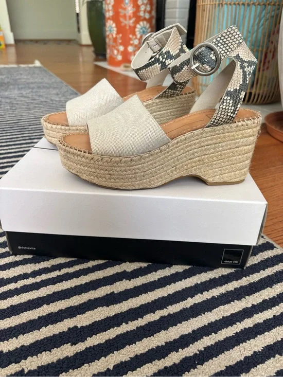 Dolce Vita Cream Woven Espadrille Wedge Sandals with Snakeskin Strap