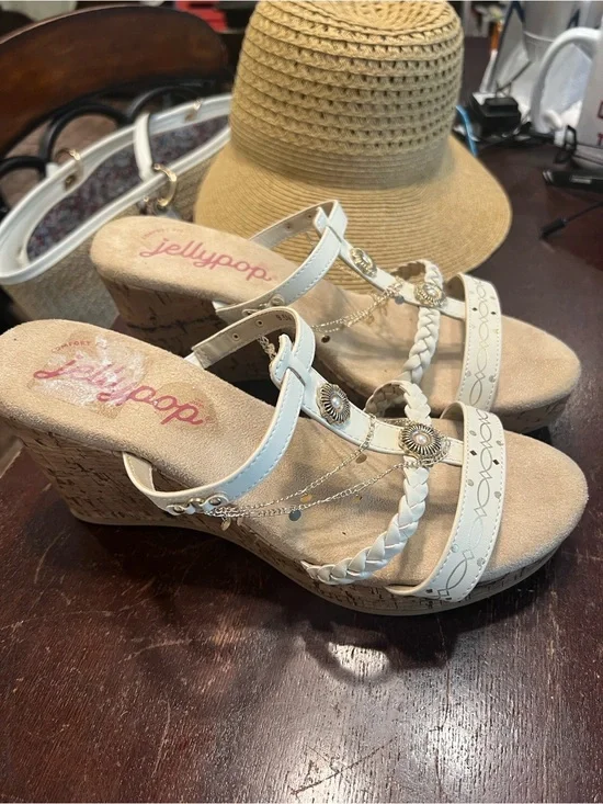 Jellypop White Braided Chain-Accent Cork Wedge Sandals