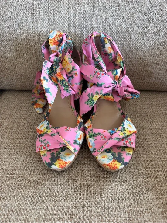Impo Pink Floral Tie-Wrap Wedge Sandals with Multi-Color Blooms