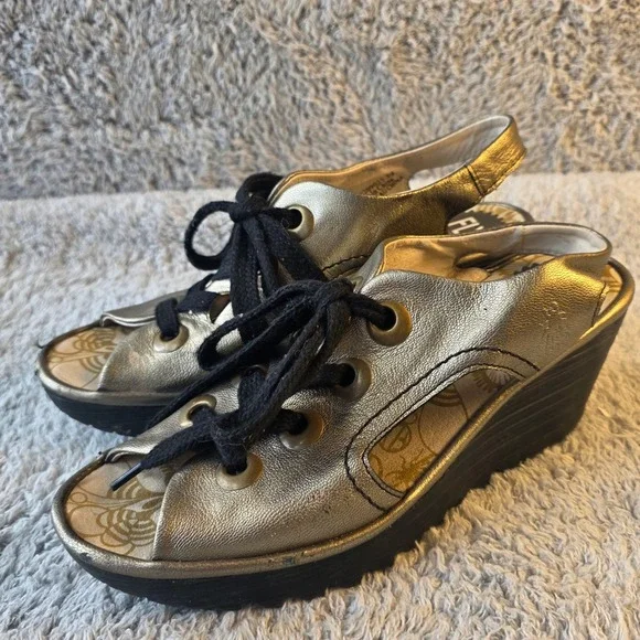 FLY London Gold Leather‎ Slingback Lace Up Wedge Sandals Women's EU 39 US 8