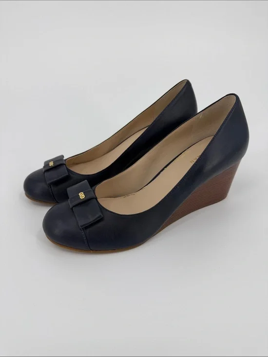Cole Haan Classic Navy Wedge Pumps with Bow Detail