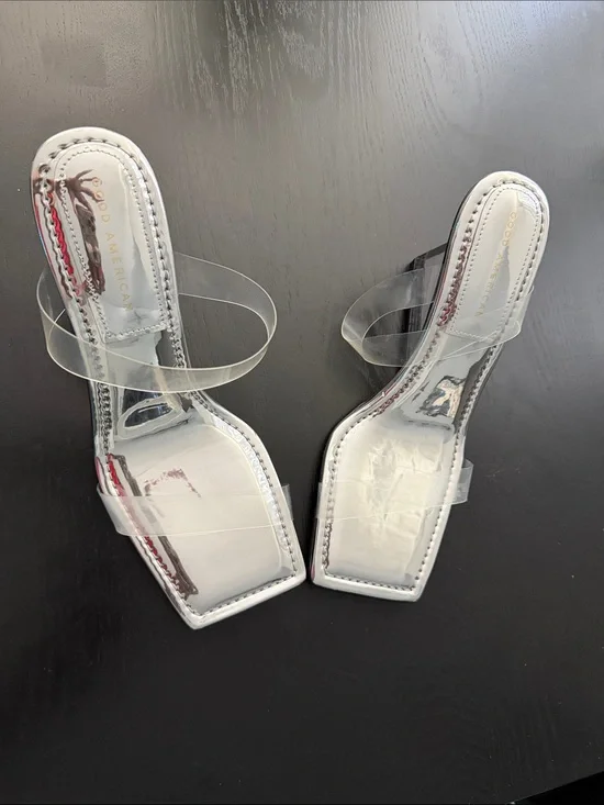 Good American White Square-Toe Mules with Clear Straps and Red/Blue Accents