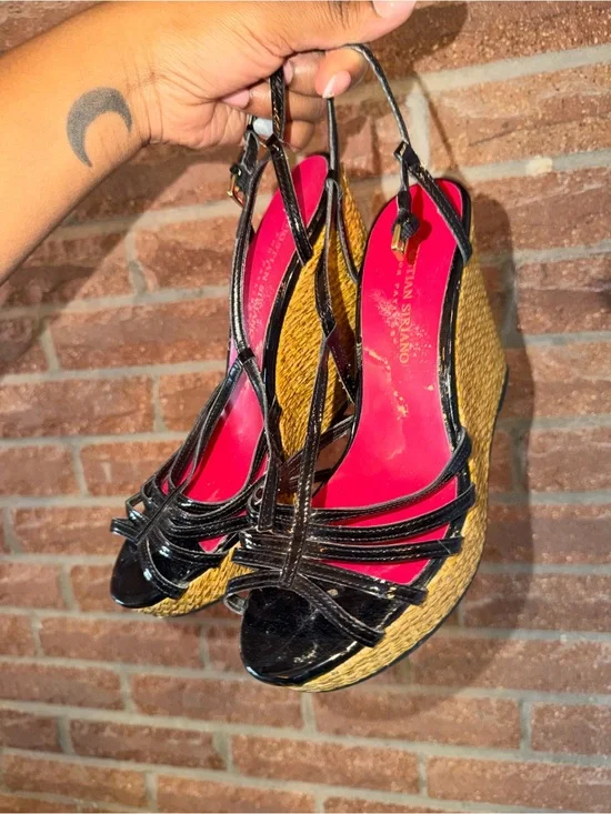 Woven Espadrille Wedge Sandal - Black / Pink Insole