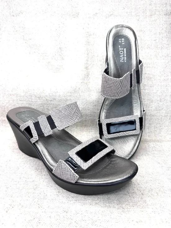 Naot Treasure Silver/black Patent Leather Sandals heels wedges sz 41 (10) party