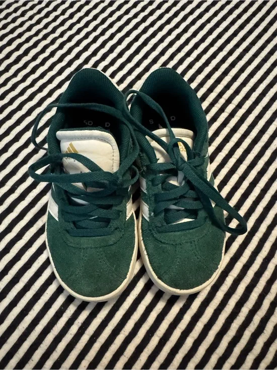 adidas Kids Dark Green Suede Sneakers with White Stripes