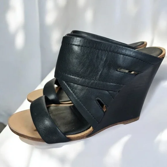 Rag Bone‎ New York Black Leather Crossover Wedge Mules Made in Italy Woman 7 US