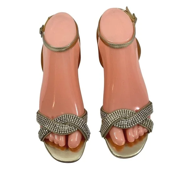 Womens Gold Rhinestone Wedge Sandals Size‎ 6M Metallic Ankle Strap Evening Shoes