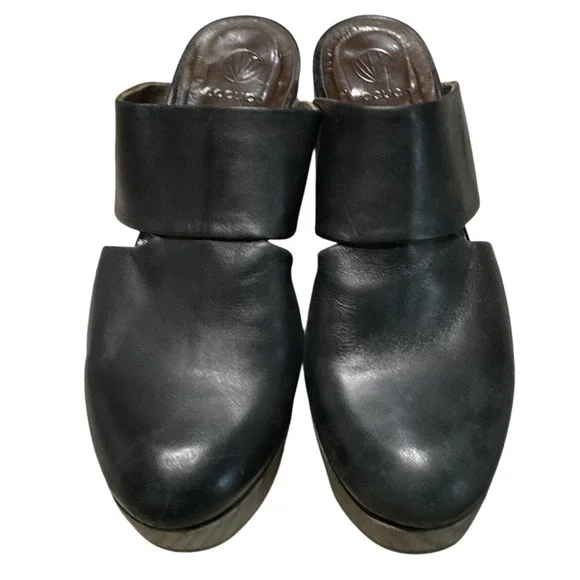 Coclico Leather Wedge Mules Womens 38 Black Cutout Platform Wooden Clogs