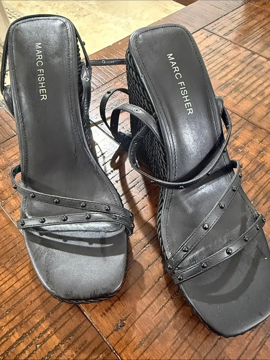Marc Fisher Black Studded Wedge Sandals with Strappy Detail