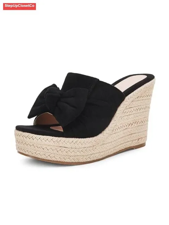 Espadrille Wedge Sandals Slip On Bow Tie Open Toe Wedge Heel Platform Mules