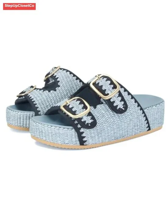 Woven Espadrille Wedge Sandals with Raffia Straw, Adjustable Double Buckle
