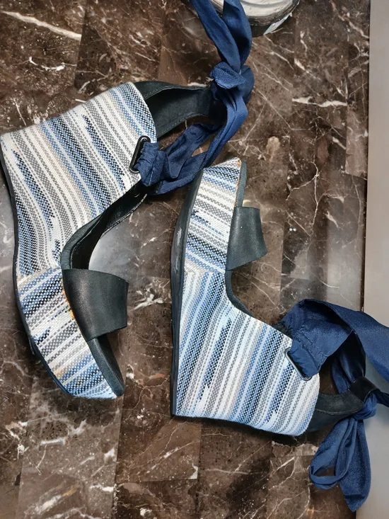 UGG Blue and White Striped Wedge Sandals with Navy Ankle Tie
