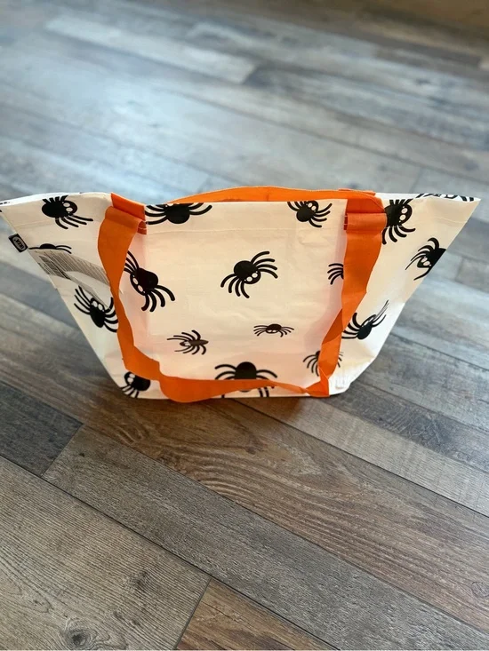 IKEA White Tote Bag with Black Spider Print and Orange Handles
