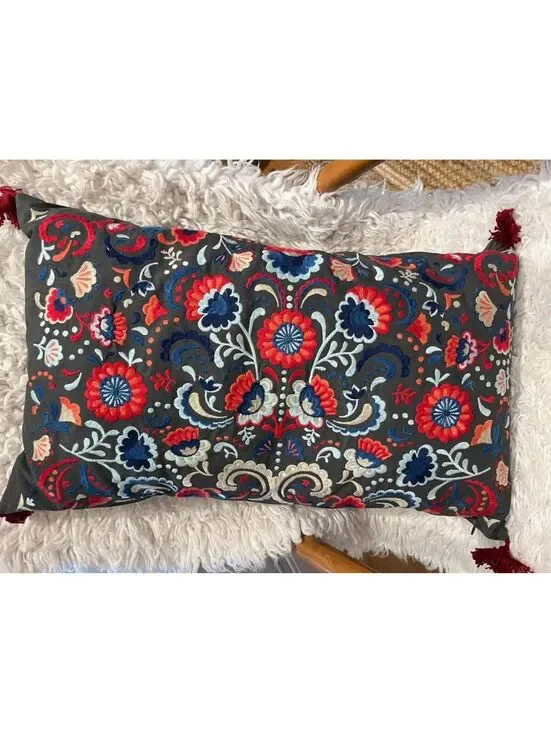 16x26” Gray pink blue boho folk embroidered tassels rectangle down throw pillow