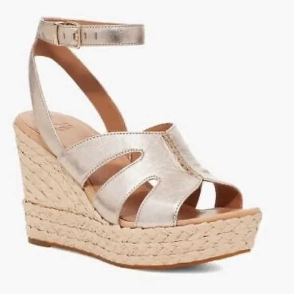 UGG Careena NWOT Gold Leather Raffia Wedge Espadrille Sandals Sz‎ 11