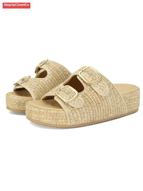 Women's Platform Sandals with Double Buckle Strap, Woven Straw Espadrille
