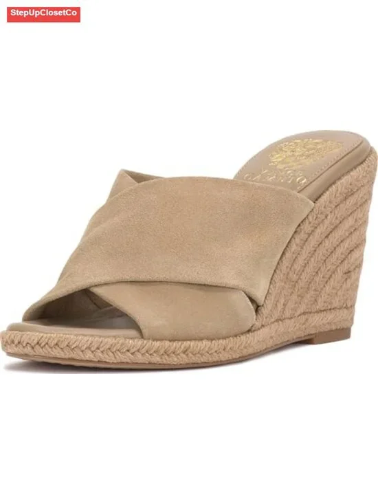 Espadrille Wedge Sandals - Suede X-Strap Slip On Woven Heels