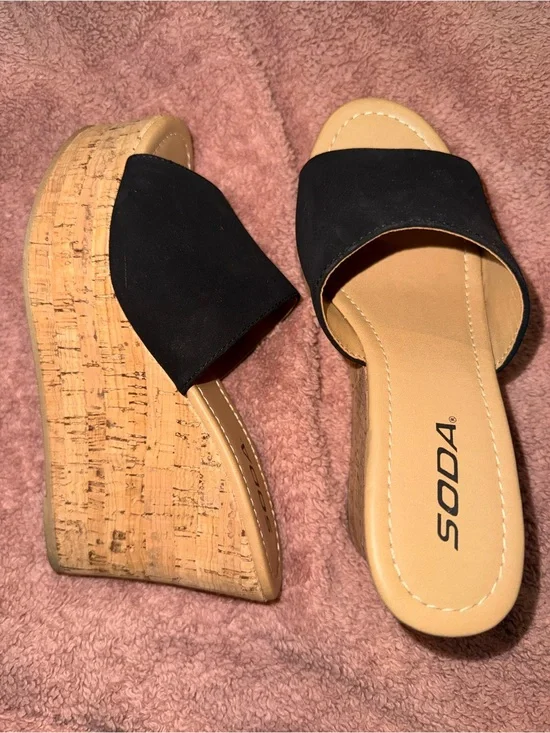 Soda Black Cork Wedge Slide Sandals - Open Toe