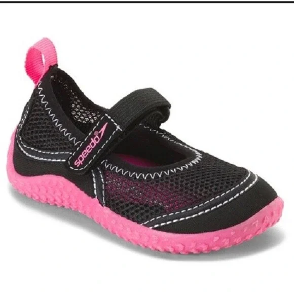 Speedo Kids Water Shoes Black Pink Mary Jane Aqua Socks Size M 7/8‎ Pool Beach