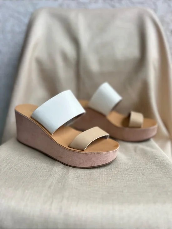 Chinese Laundry White and Beige Double-Band Wedge Sandals