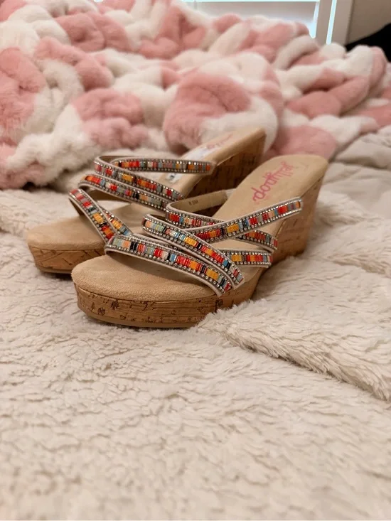 Jellypop Multicolor Beaded Cork Wedge Sandals