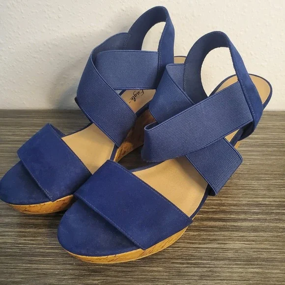 American Eagle Women's Ryan Wedge Sandals Navy Blue Cork Heel Straps‎ Size 9.5