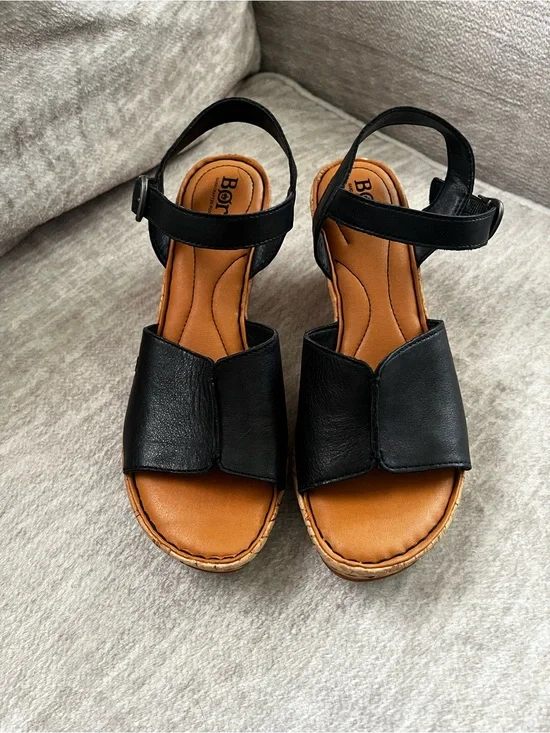 BORN AGNIO Black Leather 3 Inch Cork Bottom Wedges Size 7.5M
