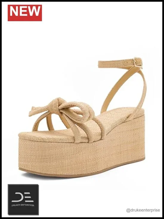 Raffia Platform Wedges Sandals with Bow Ankle Strap Open Toe Espadrille