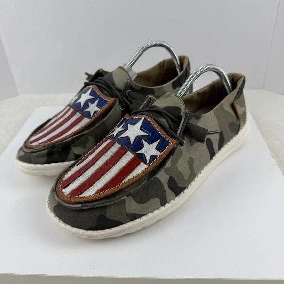 Hey Dudes Wendy‎ Camo Customized American Flag 4th OF JULY Shoes Women's 8 RARE