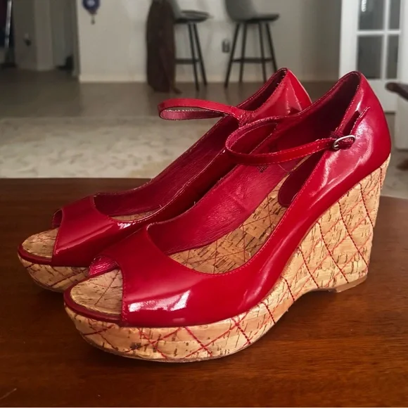 Ziginy Camille II Red Patent Leather Cork Wedge Mary Jane Peep Toe Sandals 9