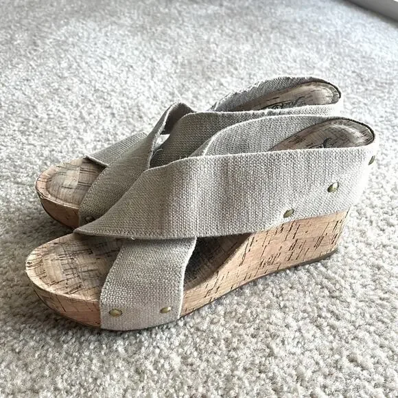 LUCKY BRAND linen elastic platform wedge Nautical Preppy Coastal sandals Sz 8