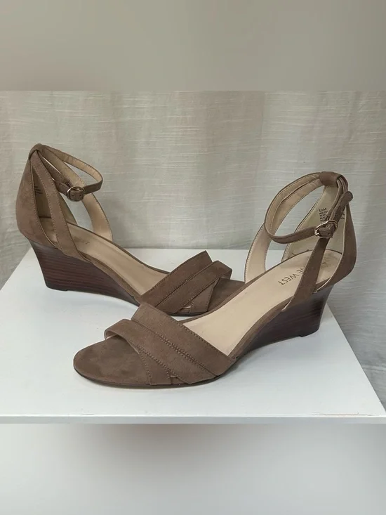 Nine West Neutral Taupe Brown Suede Ankle-Strap Wedges Sandals