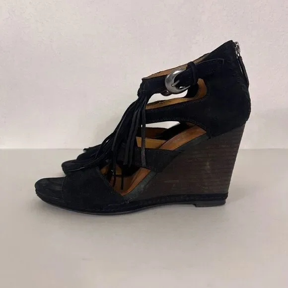 Trask‎ Black Leather Suede Fringe High Heel Wedges