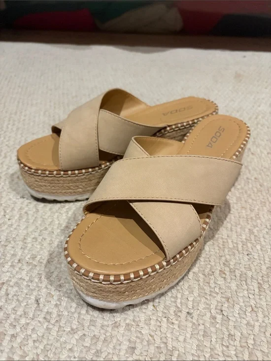 Soda Beige Crisscross Espadrille Wedge Slides